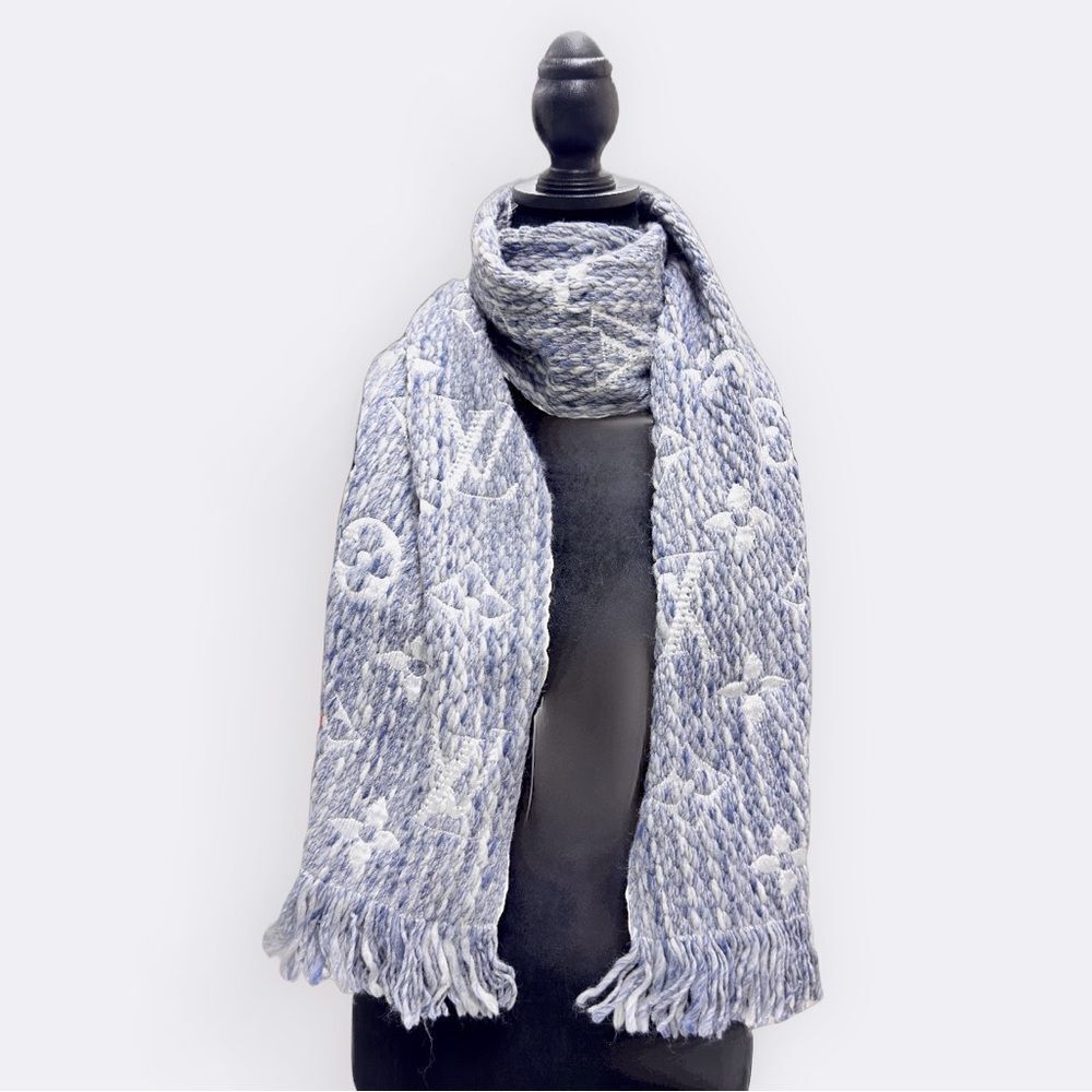 Auth Louis Vuitton Monogram Denim Blue Escharpe Logomania Scarf Muffler Stole - Picture 2 of 9